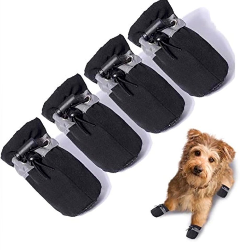 Black dog boots with drawstring closure and reflective trim
