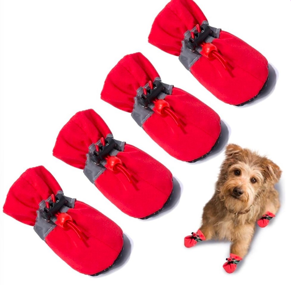 Red dog boots with drawstring closure and reflective trim