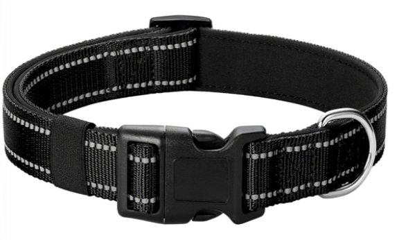 Black dog collar with reflective stitching and padded interior