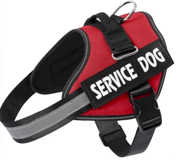 Red dog harness with reflective strips and top handle