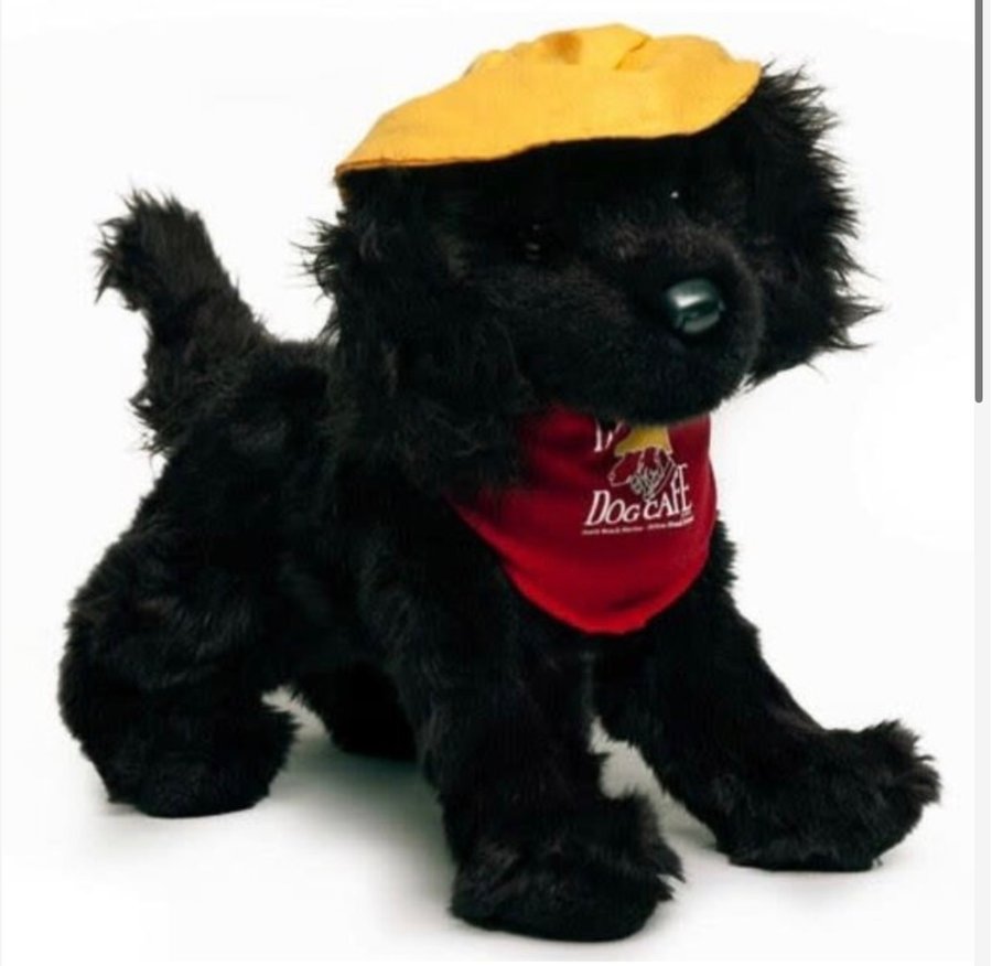 Jake the Flat Coat Retriever plush — black with a yellow beach hat and red bandana